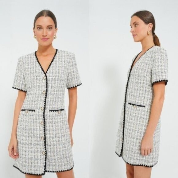 Pomander Place NEW White Tweed Retro Josephine Mini Dress in White Black Size M - Picture 3 of 14